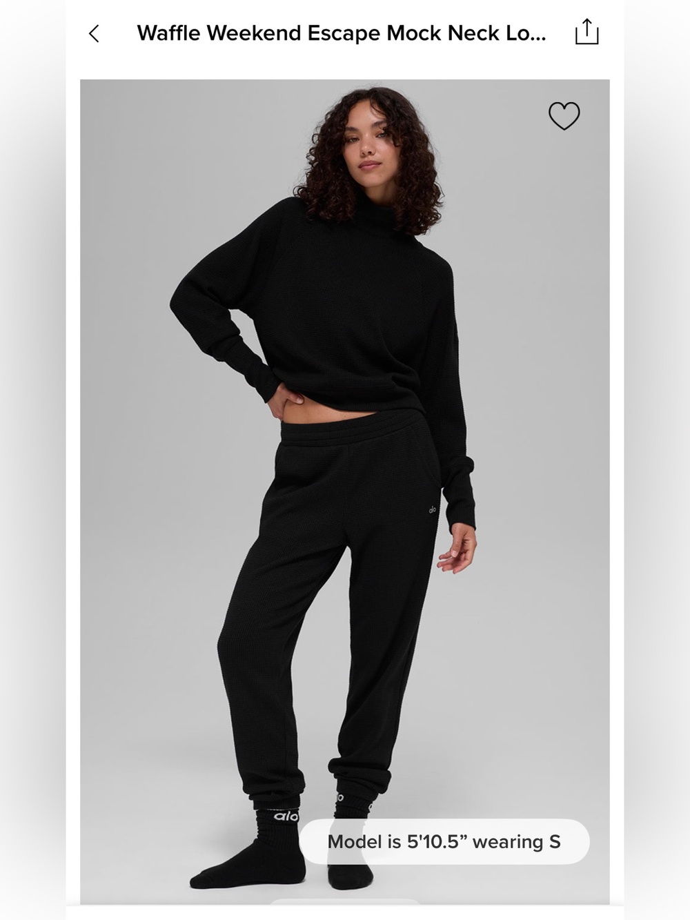 ALO Weekend Escape Black Waffle Mock Neck Sweater and Joggers set S